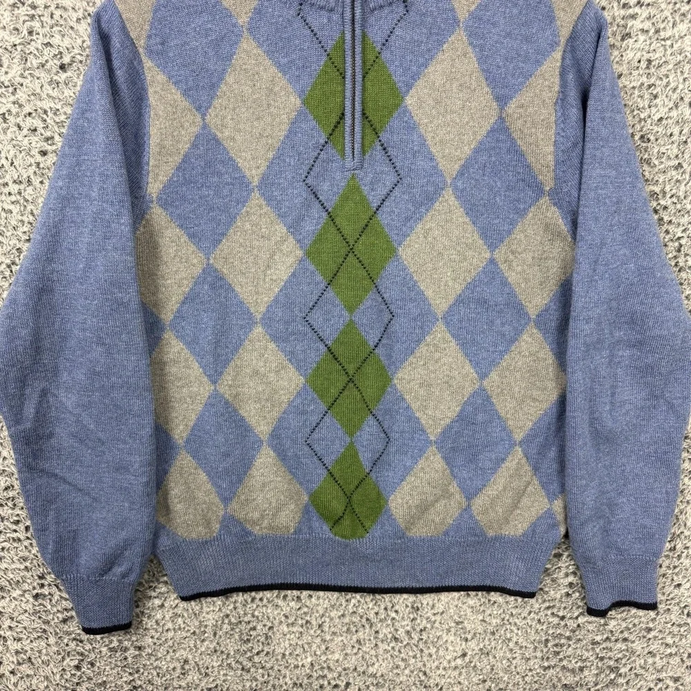 Brooks Brothers Sweater Mens Medium Blue Argyle 1/4 Zip Mock Neck Merino Knit